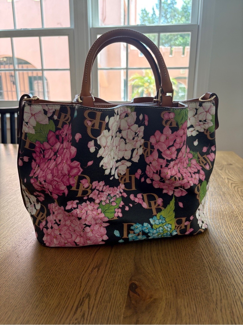 Dooney & Bourke Black Floral Hydrangea Tote with Tan Handles - Picture 4 of 10